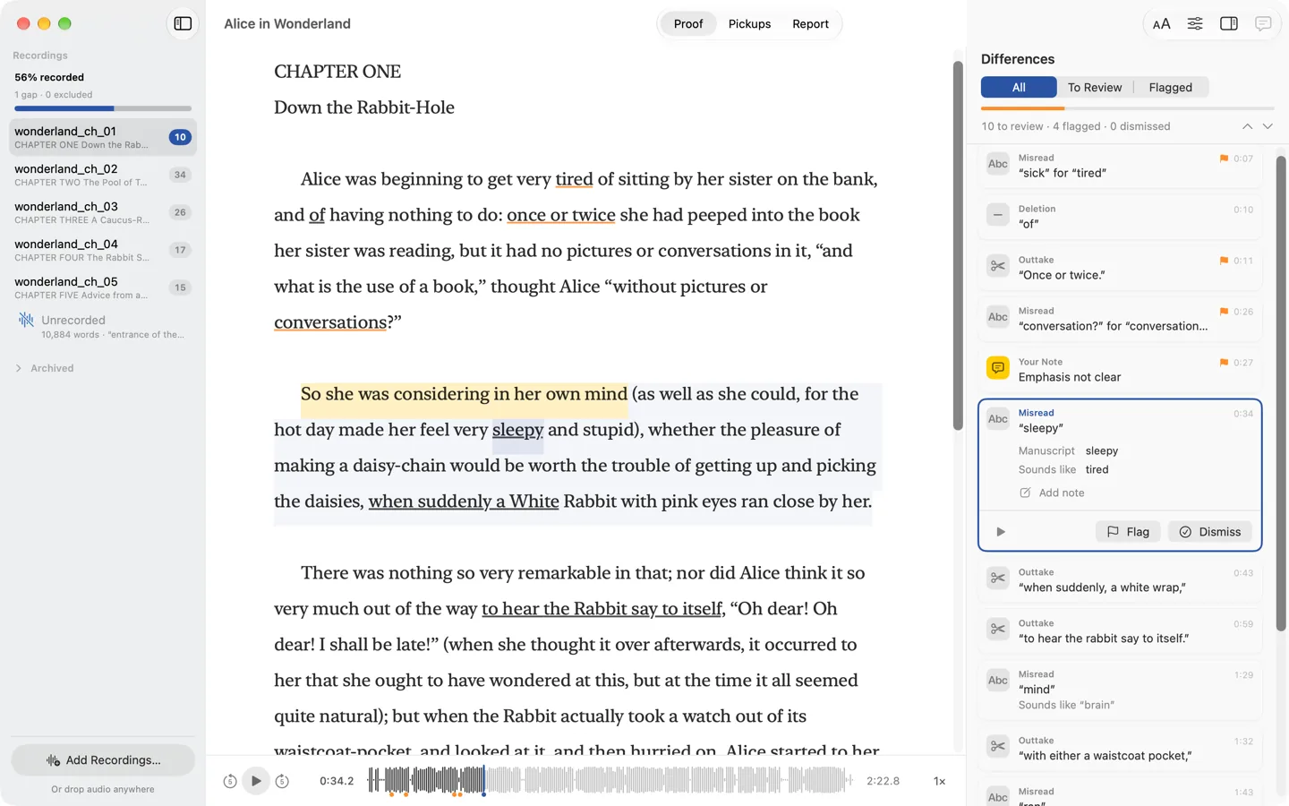 Super Proof proofing a chapter of Alice in Wonderland, with each misread, deletion and outtake listed beside the manuscript