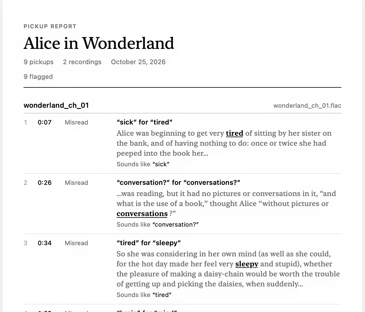A pickup report for Alice in Wonderland: each misread with its timecode, the surrounding text, and what it sounded like